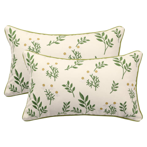 Tosleo Embroidered Throw Pillow Covers 12x20 inch Pack of 2 Green Little Daisy Decorative Pillowcases Farmhouse Cotton Pillow Cushion Cases Home Decor Square Floral Pillow Case