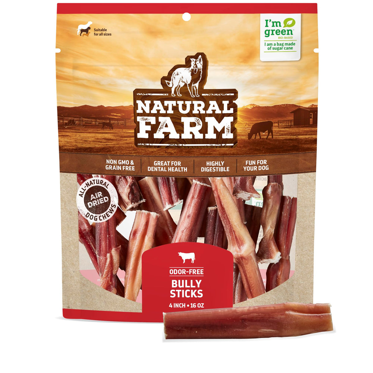 Natural Farm Odor-Free Bully Sticks (4ÃƒÆ’Ã‚Â¢ÃƒÂ¢Ã¢â‚¬Å¡Ã‚Â¬Ãƒâ€šÃ‚Â, 16oz) All-Natural Long-Lasting Chews, 100% Beef Pizzle, Grass-Fed, Grain-Free, Hormone-Free, Protein for Muscle Development & Energy, Perfect for Small Dogs