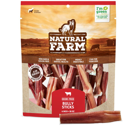 Natural Farm Odor-Free Bully Sticks (4ÃƒÆ’Ã‚Â¢ÃƒÂ¢Ã¢â‚¬Å¡Ã‚Â¬Ãƒâ€šÃ‚Â, 16oz) All-Natural Long-Lasting Chews, 100% Beef Pizzle, Grass-Fed, Grain-Free, Hormone-Free, Protein for Muscle Development & Energy, Perfect for Small Dogs