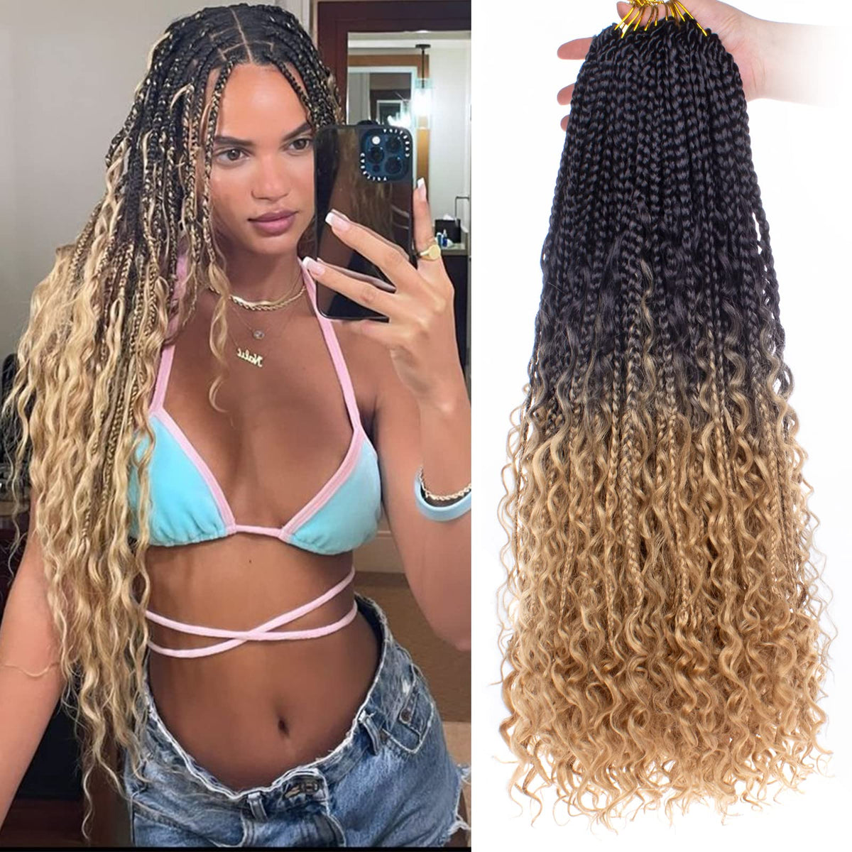 Unionbeauty Boho Box Braids Crochet Hair 18 Inch Messy Goddess Box Braids Curly Ends Pre-looped 8 PCS Bohemian Hippie Crochet Braids River Curls Synthetic Crochet Hair Extension for Black Woman 1B/27#