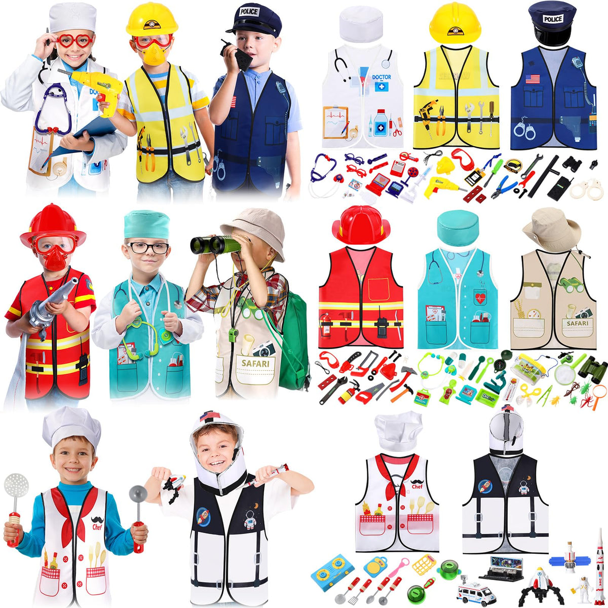 Shihanee 8 Set Kids Dress up Clothes, Toddler Dress up and Pretend Play Costumes Construction Worker, Police, Firefighter, Doctor, Surgeon, Chef, Explorer, Astronaut Vest for Boys Girls Role Play