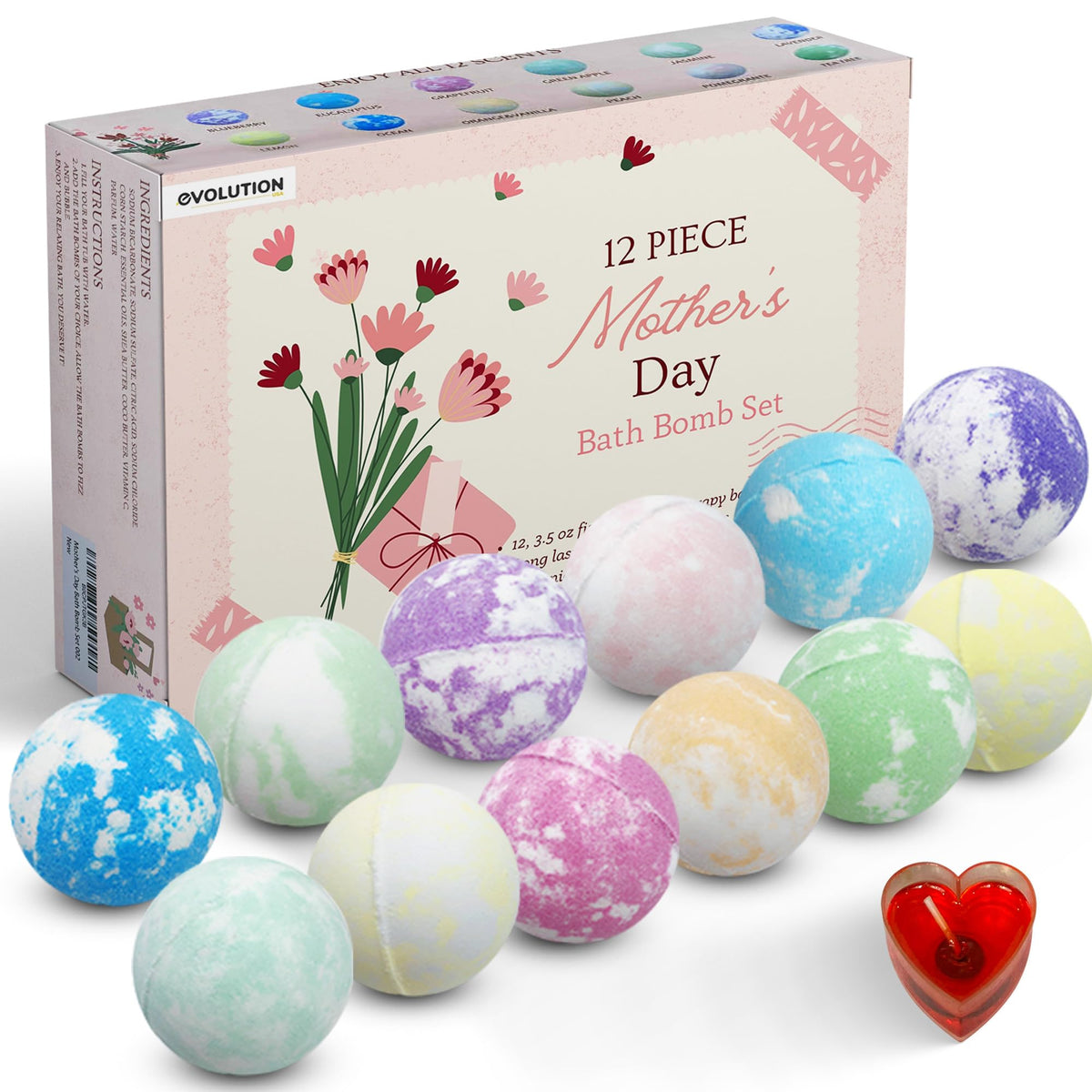 EvolutionUSA - 12pc Mothers Day Bath Bomb Set for Mom, Bath Bombs for Women, Bath Bombs for Women Gift Set, Organic Bath Bombs, Natural Bath Bombs, Bath Bombs for Women