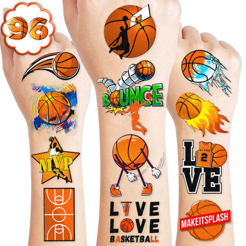 8 Sheets (96PCS) Basketball Temporary Tattoos Sports Theme Birthday Party Decorations Supplies Favors Decor Stickers For Kids Boys Girls Gifts Classroom School Prizes Rewards