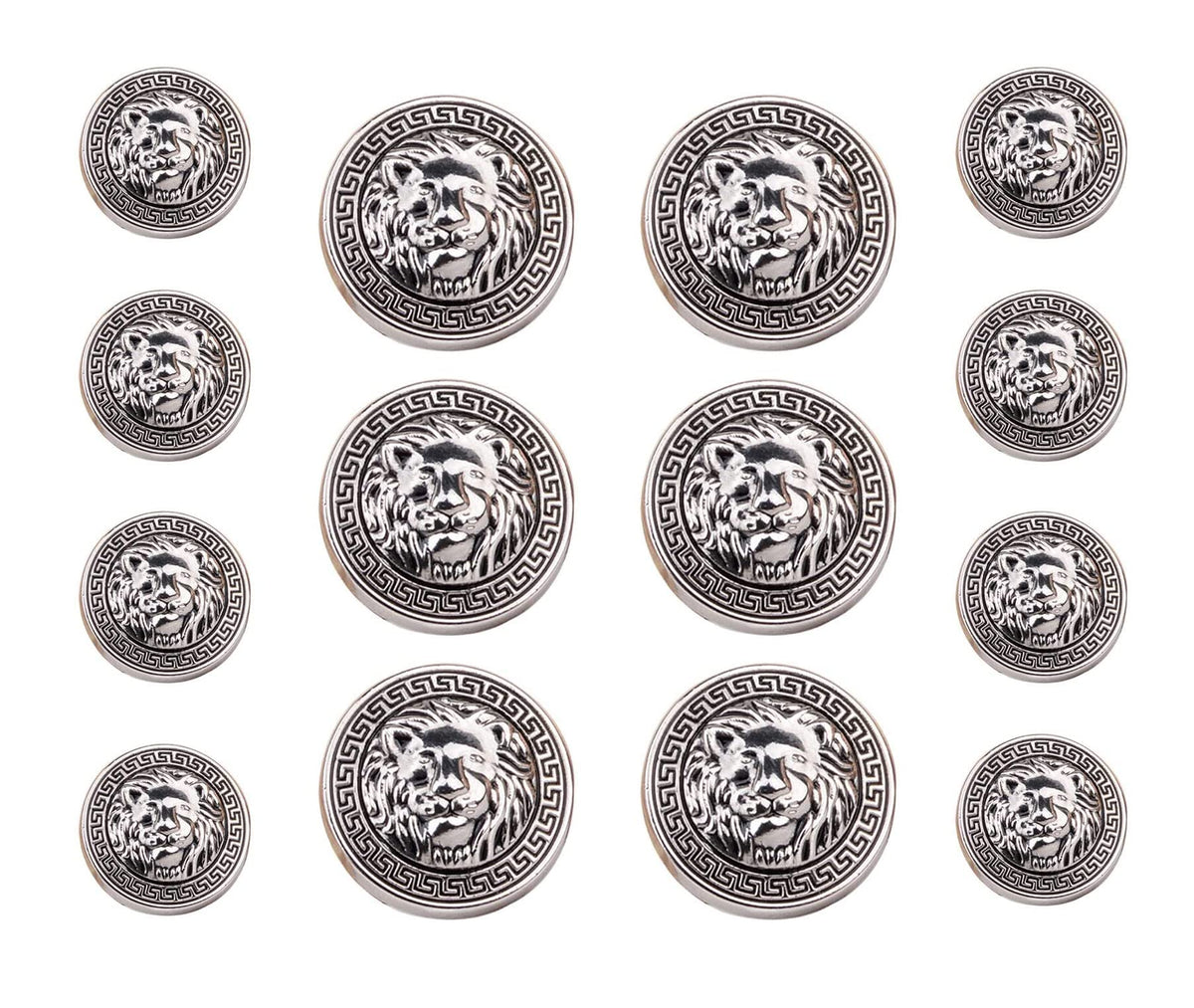 14PCS Clothes Button - 8Pcs×15mm and 6Pcs×20mm Lion Head Metal Sewing Buttons Shank Round Shaped Button Set (Silver)