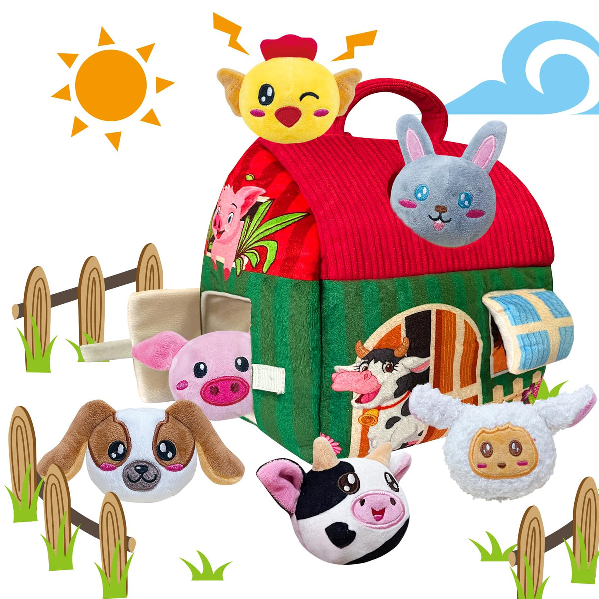 Elfew Baby Toys 6 to 12 Months, Soft Barn Farm with Stuffed Animals, Sensory Toys for Babies, Montessori Toys for 1 Year Old, Small Plush Farm Animals Toys for 1 2 Year Old Boys Girls