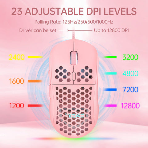 DIERYA M1SE Wired Gaming Mouse with Honeycomb Shell, 12800DPI Optical Sensor, 6 Programmable Macros, Software Support for Custom Key Config, and RGB Settings for Windows 7/8/10/XP, Vista, Linux-Pink