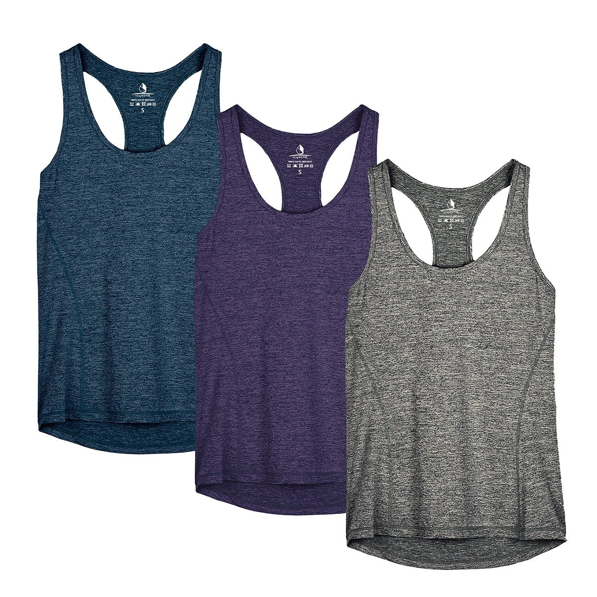 icyzone Workout Running Tank Top for Women - Racerback Yoga Tops Exercise Gym Shirts 3-Pack (M, Royal Blue/Purple/Charcoal)