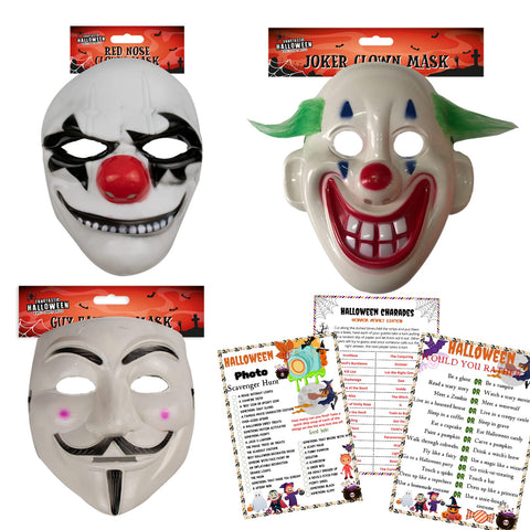 Scary Halloween Masks 3x - Joker Clown Mask, Anonymous Mask, Red Nose Clown - Scary Mask, Hacker Mask, Halloween Party Accessories for Adults, Halloween Costumes, Fancy Dress, Masquerade Carnival