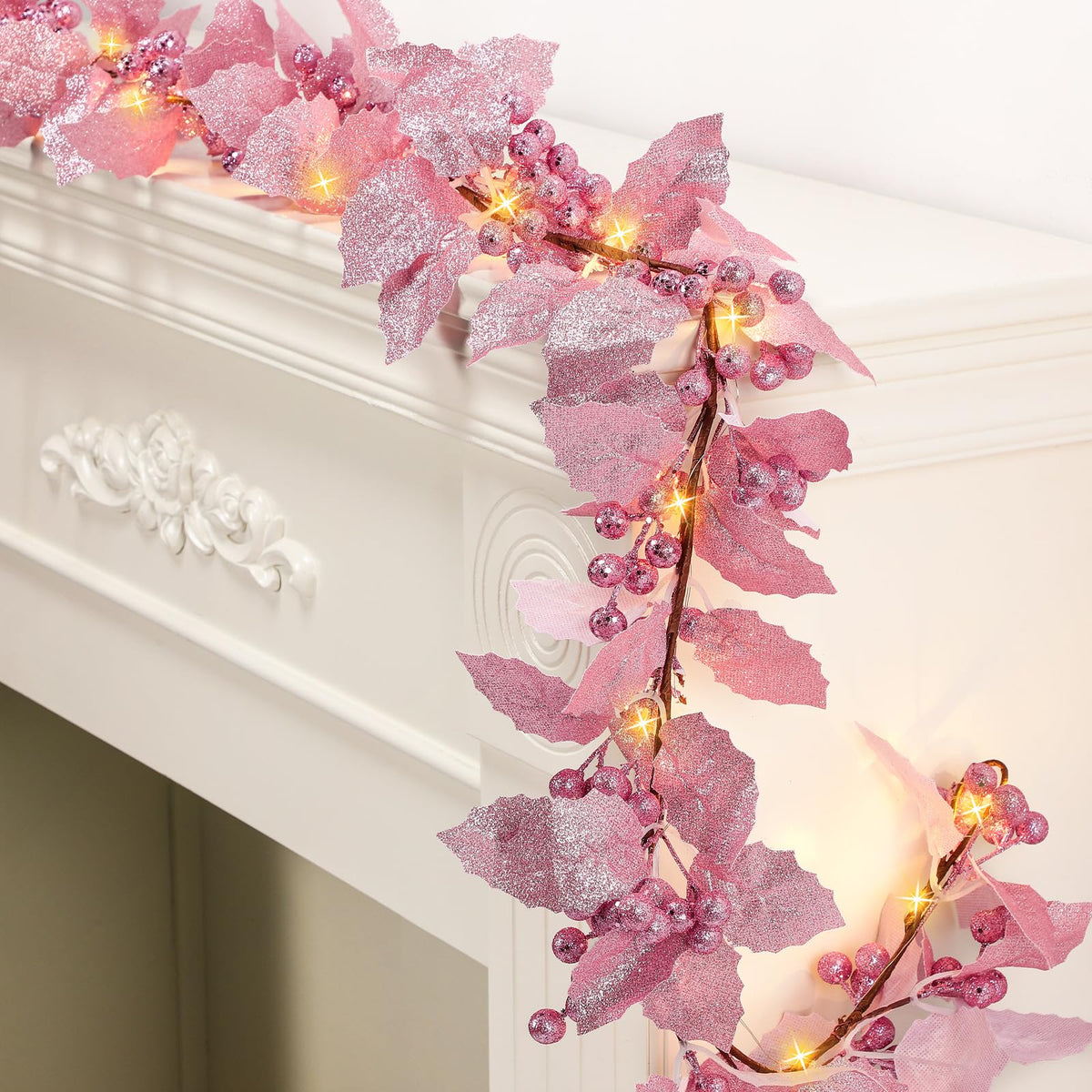 Syhood Christmas Glitter Berry String Garland 6ft Christmas Lighted Berry Holly Leaves Garland Indoor Outdoor Artificial Glitter LED Garland for Christmas Holiday Fireplace Mantel Decor (Pink)