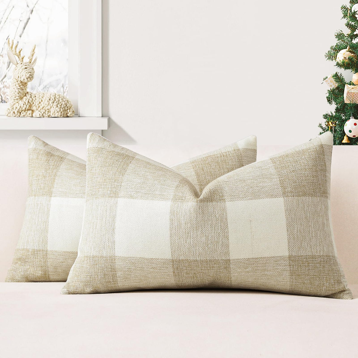 JOTOM Set of 2 Classic Plaids Cushion Covers 40x60 cm Farmhouse Buffalo Check Soft solid Decorative Throw Pillow Covers Home Decor Outdoor Cushion Case for Sofa Bedroom (Cream White)