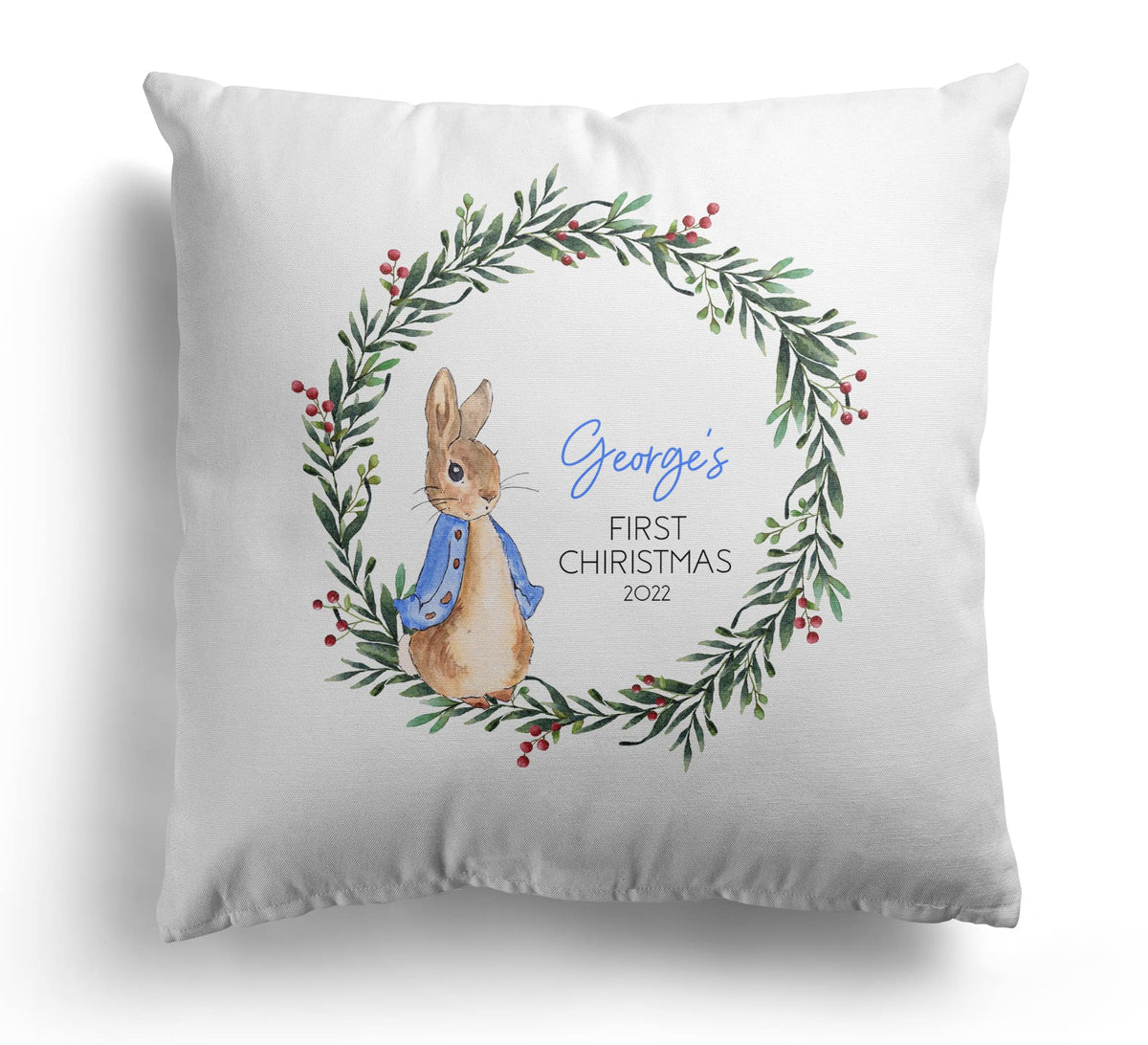 Daytripper Babies First Personalised Cushion Custom 1st Xmas Gifts For Baby Nursery Cushions Girls Boys Keepsake Pillow Gifts (COVER & INNER, BLUE)
