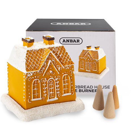 Anbar Backflow Incense Cone Burner Log Cabin, Gingerbread House, Christmas, Fall, Winter, Seasonal, and Holiday Home Decor, Decorative Living Room, Bedroom, or Kitchen Ornament (Gingerbread House)