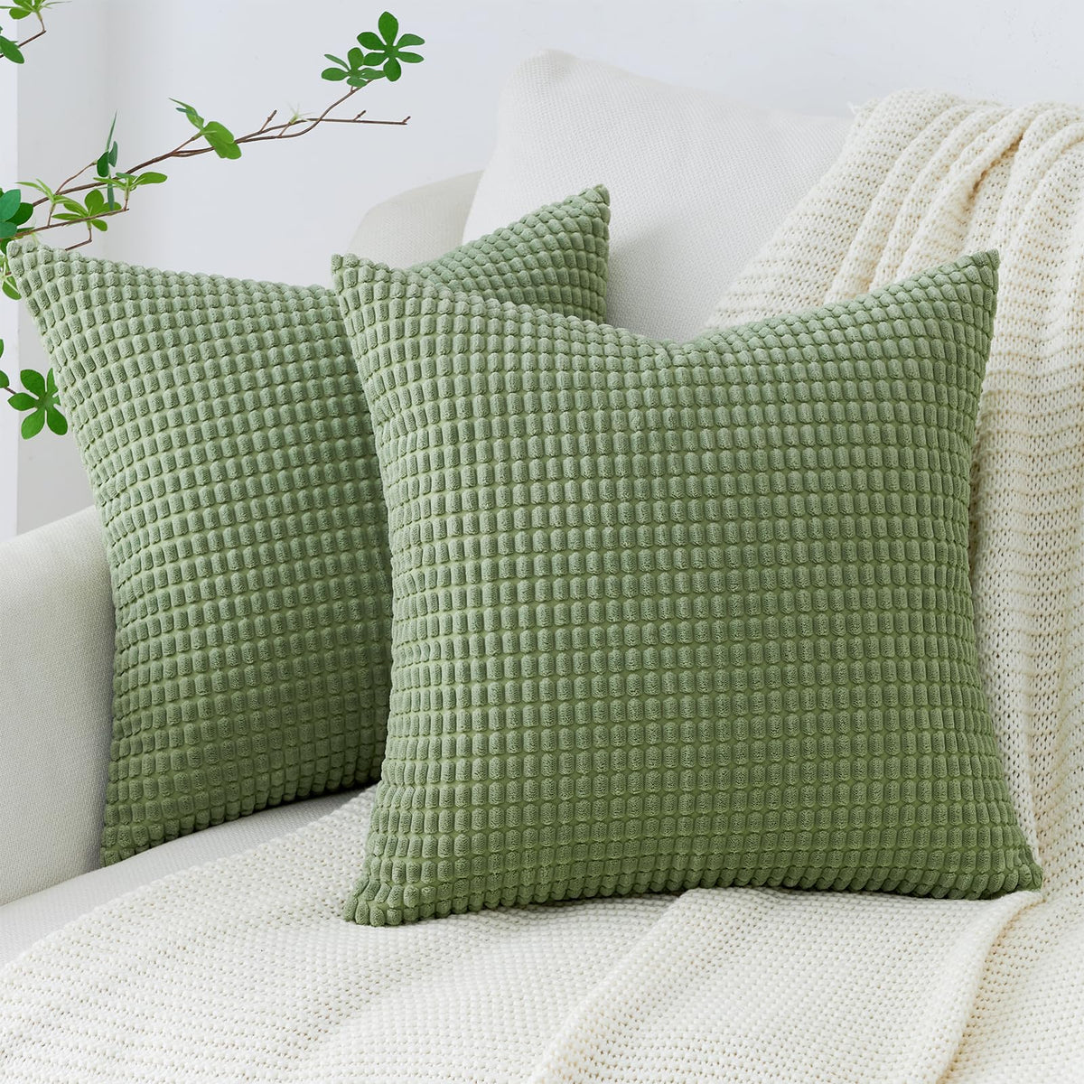Topfinel Cushion Cover, 60 x 60 cm, Corduroy Green, Set of 2, Corn Grain Pattern Cushion Covers, Decorative Cushion Covers, Sofa Cushion, Couch Cushion, Decorative Cushion Cover for Living Room,