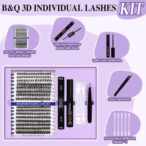 B&Q Lash Extensions Kit for Beginners 3D Eyelash Extension Kit 320pcs 40D+50D Lash Clusters Kit 8-18 Mixed Lash Kit Fluffy Individual Lashes Kit with Lash Bond Seal Remover?Q40D+Q50D-8-18MIX?