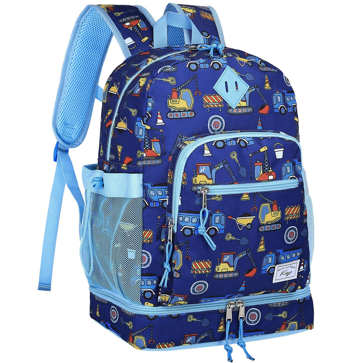 Kasgo Kids Backpack, 2-in-1 Schoolbag Lunch Bag Set Insulated Lunch Backpack for Toddler Boys Girls Bookbag for Preschool Elementary Kindergarten, Blue Cars