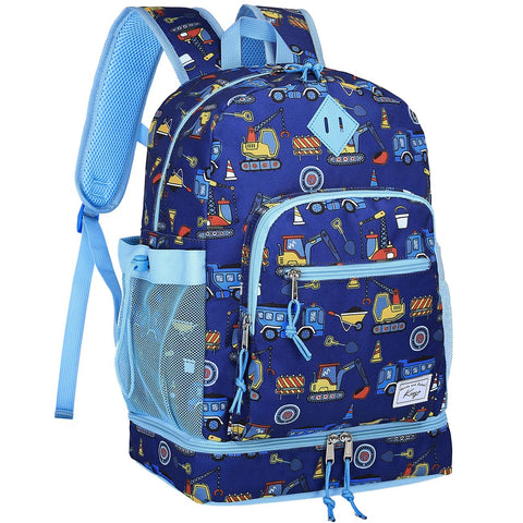 Kasgo Kids Backpack, 2-in-1 Schoolbag Lunch Bag Set Insulated Lunch Backpack for Toddler Boys Girls Bookbag for Preschool Elementary Kindergarten, Blue Cars