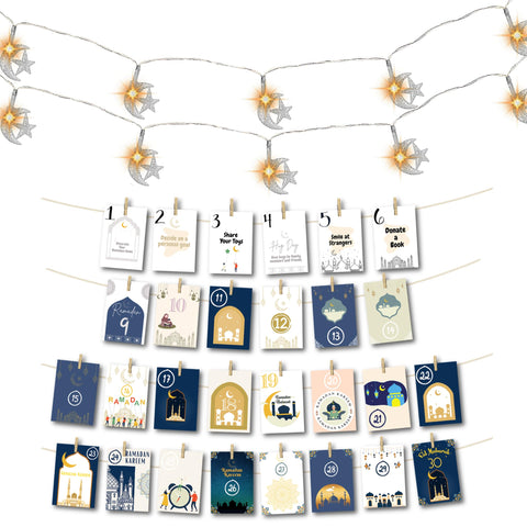 2 Set Eid Ramadan Mubarak Home Decor, 30 Day Ramadan Mubarak Advent Calendar Card With Good Deeds, Moon & Star LED String Lights for Ramadan Kareem Eid Gifts and Festive Home Decoration