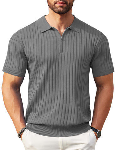 COOFANDY Men's Zipper Polo Shirts Short Sleeve Ribbed Knit Polo T Shirts Fashion Casual Golf Shirts Grey