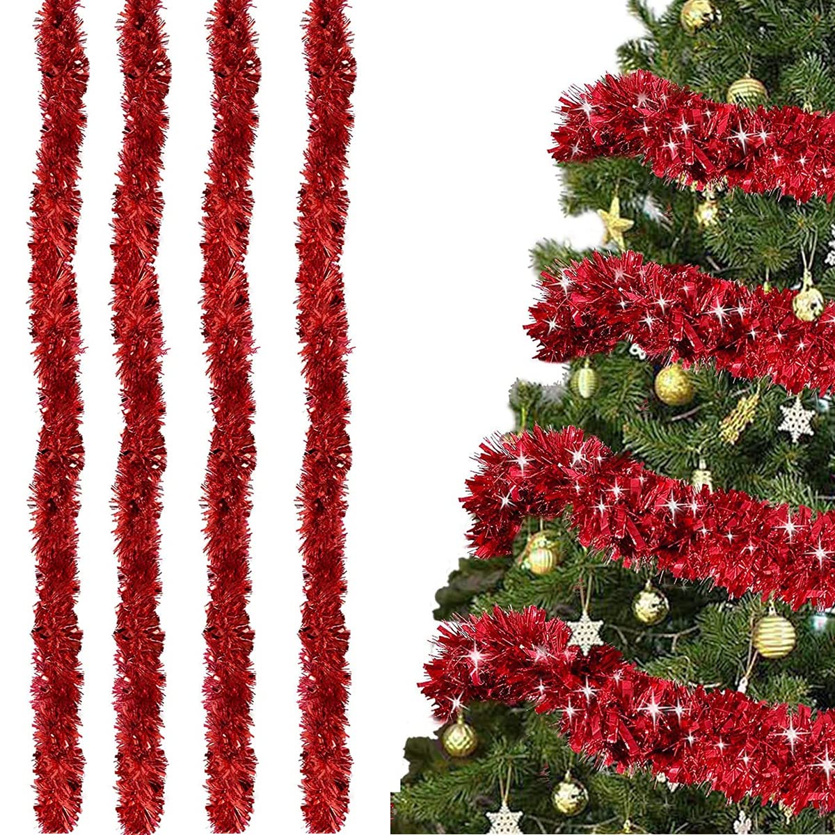 HONGECB Red Christmas Tinsel Garland, 2m Shiny Tinsel, 4 Pack, Plastic & Metal, Straight, Decorative Garland for Christmas Tree, Party Decoration