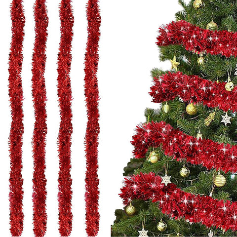 HONGECB Red Christmas Tinsel Garland, 2m Shiny Tinsel, 4 Pack, Plastic & Metal, Straight, Decorative Garland for Christmas Tree, Party Decoration