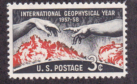 Single 1958 3 Cents US Postage Stamp, S# 1107, International Geophysical Year, Hands from Michelangelo's Creation