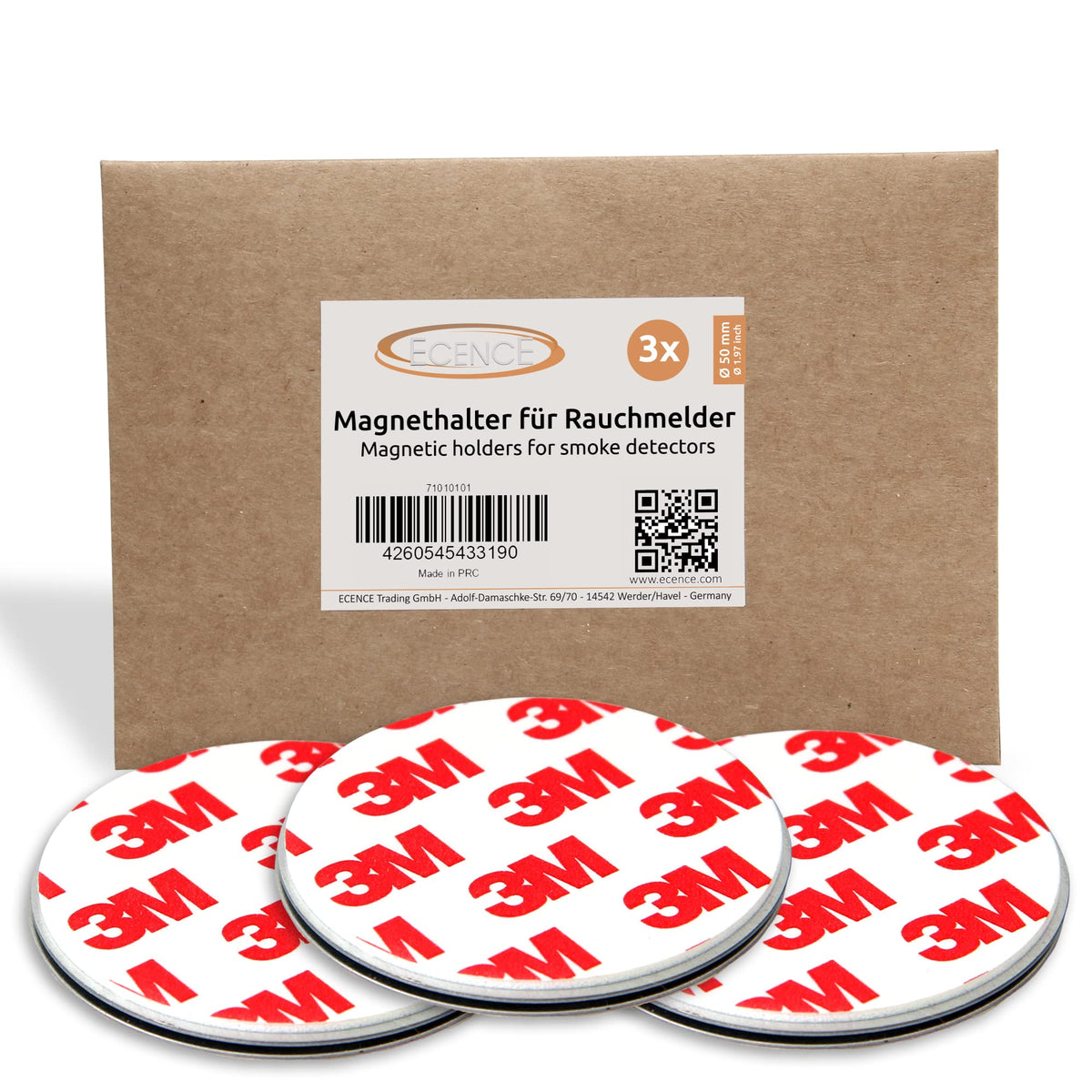ECENCE 3pcs Magnetic Smoke Detector Mount Magnetic Adhesive Pads For Smoke Alarms Ø 50mm - Fast & Safe Mounting - No Drilling Or Screws - Fire Protection - Installation Tool