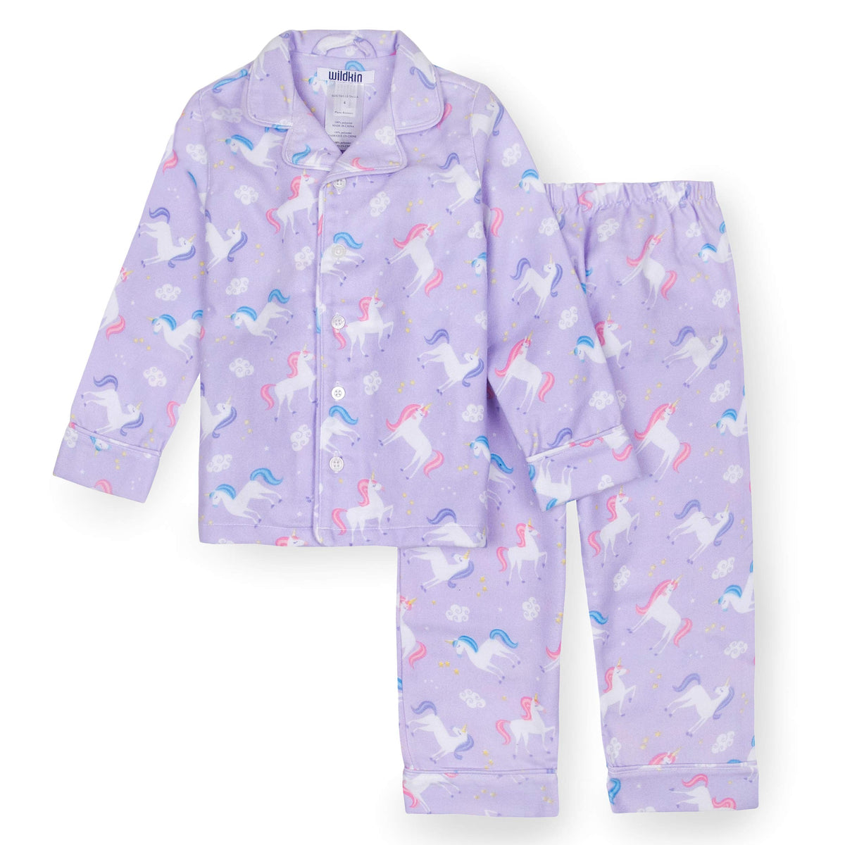Wildkin Kids 2-Piece Button Down Pajama Set for Boys and Girls, 100% Polyester Flannel Fabric Pajama Set for Kids, Features Classic Button Closure Design, Size 3T (Unicorns)