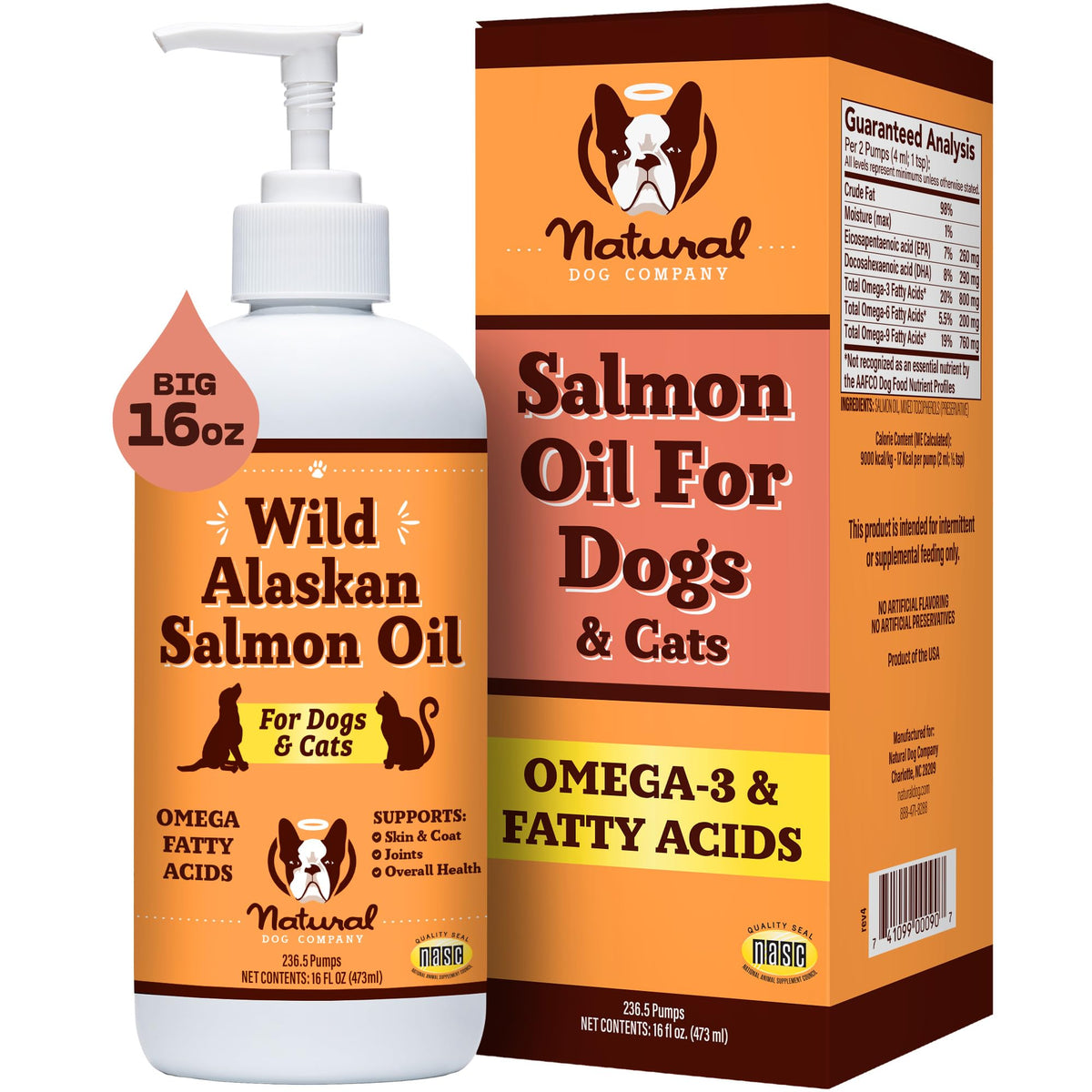 Natural Dog Company Pure Wild Alaskan Salmon Oil for Dogs (16oz) Skin & Coat Supplement for Dogs, Dog Oil for food with Essential Fatty Acids, Fish Oil Pump for Dogs, Omega 3 Fish Oil for Dogs
