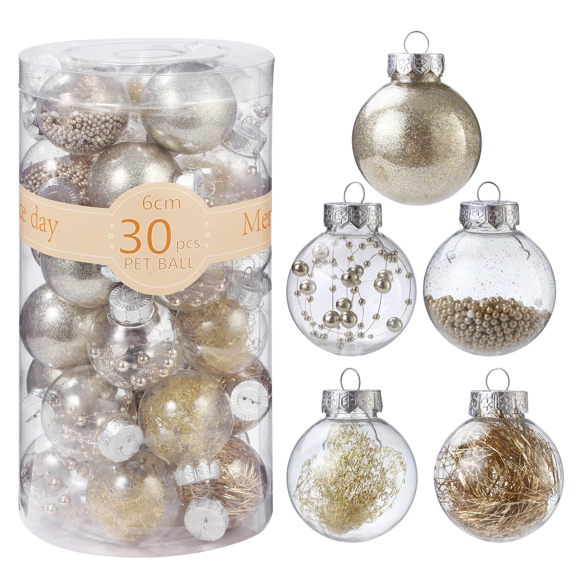 Pack of 30 Christmas Baubles, Plastic Christmas Baubles, Shatterproof Christmas Tree Decorations, Matt, Shiny, Glitter, Christmas Tree Bauble for Christmas Tree, New Year Ornaments (Champagne Gold)