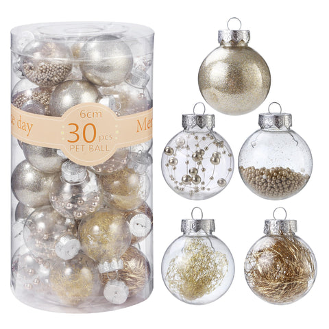 Pack of 30 Christmas Baubles, Plastic Christmas Baubles, Shatterproof Christmas Tree Decorations, Matt, Shiny, Glitter, Christmas Tree Bauble for Christmas Tree, New Year Ornaments (Champagne Gold)