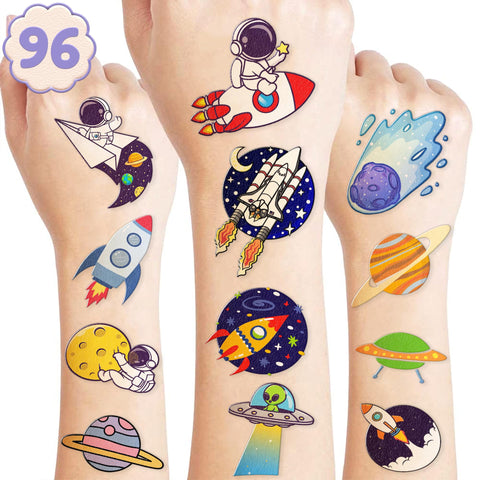 Galaxy Temporary Tattoos Sticker for Kids | 96PCS Space Themed Birthday Party Supplies Decorations Party Favors Tattoo Alien Rocket Star Astronaut Cute Kids Boy Girls Gifts Ideal School Prizes