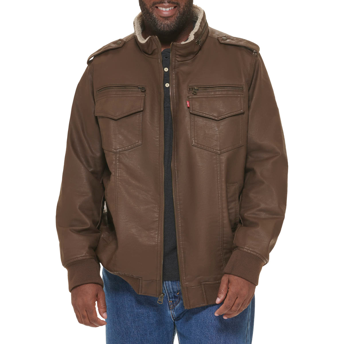 Levi's Men's Faux Leather Aviator Bomber Jacket (Regular & Big & Tall Sizes), Earth/Sherpa Lined, XS