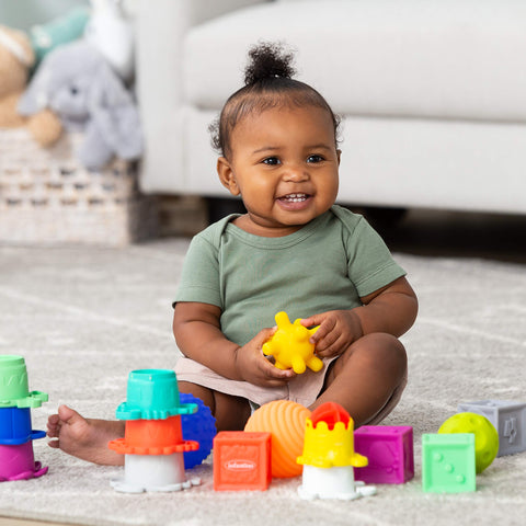 Infantino Sensory Balls, Blocks & Cups 16 Piece Set - Textured, Soft & Colorful Toys Includes 4 Balls, 8 Stack & Nest Cups, 4 Squeeze Blocks, Ages 0 Months +