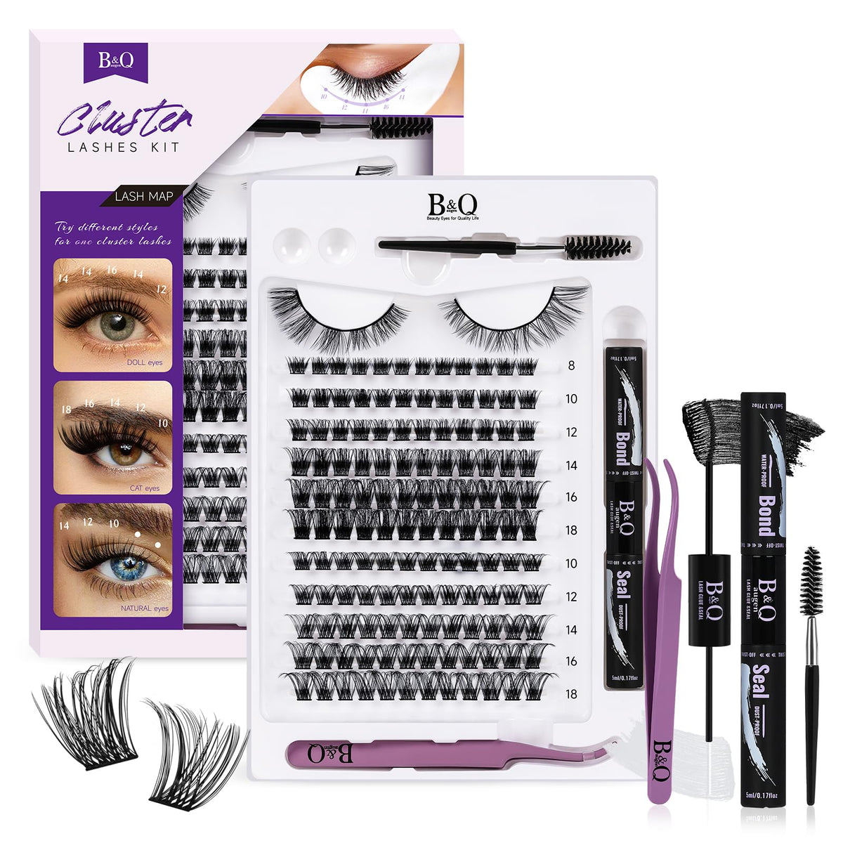 Lash Extension Kit B&Q 144 Pcs Eyelash Extension Kit Natural Look Lashes Extension Kit with Waterproof Lash Bond and Seal and Applicator Tool DIY Lash Extension Kit at Home (Kit,03-8-18mix)