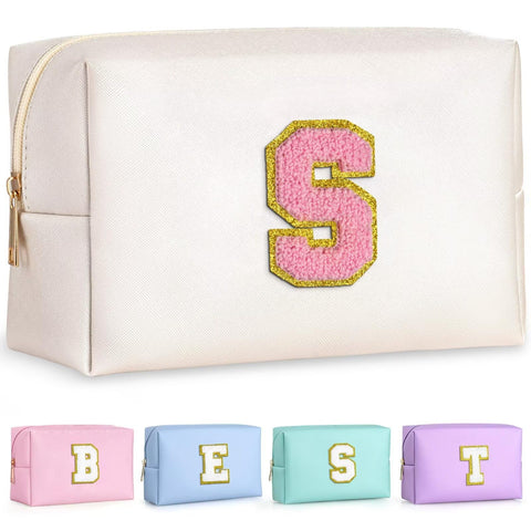 TOPEAST Initial Cosmetic Bag for women, Preppy Small Makeup Bag, PU Leather Waterproof Toiletry Bag, Monogrammed Birthday Gifts For Women, Stuff for girls (Pearly White S)