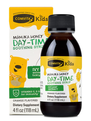 COMVITA Kids Daytime Soothing Natural Syrup, UMF 10+ Manuka Honey, Vitamin C, D & Zinc, Ivy Leaf Extract, Orange Flavor 4 oz