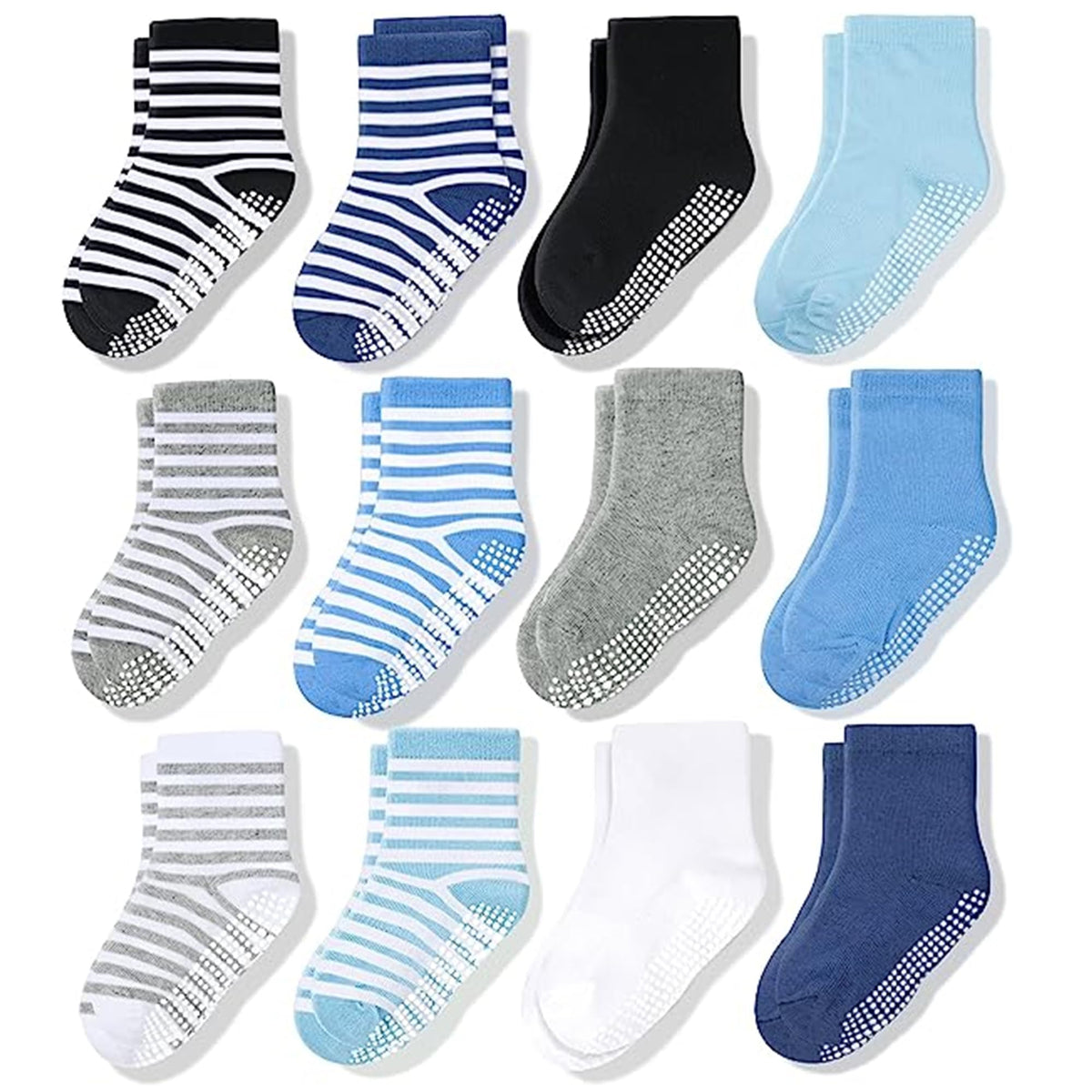 CozyWay Kids Non Slip Cotton Crew Socks Baby Socks Toddler Socks Anti Skid With Grips 12 Pairs Striped for Children Toddler Boys Girls 3-5 Years