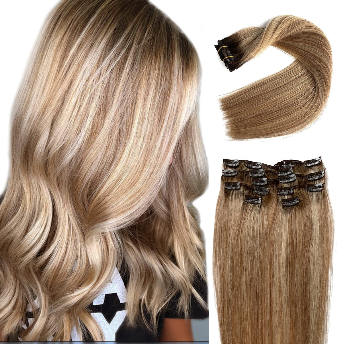 Clip in Hair Extensions Real Human Hair, Ombre Hair Extensions Clip ins, Brown to Blonde Highlights Real Hair Extensions Clip in Human Hair,14Inch 70G 7 Pcs Wefts Straight Remy Hair Extensions Clip on