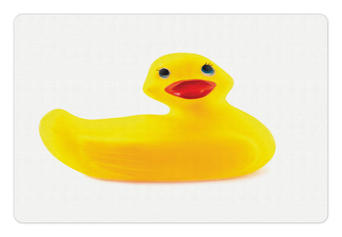 Ambesonne Rubber Duck Pet Mat for Food and Water, Yellow Squeak Ducky Toy Fun Bubble Bath Animal Room Duckling Print, Non-Slip Rubber Mat for Dogs and Cats, 18" X 12", White and Yellow
