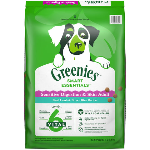 Greenies Smart Essentials Sensitive Digestion & Skin Adult Dry Dog Food Real Lamb & Brown Rice Recipe, 15 lb. Bag