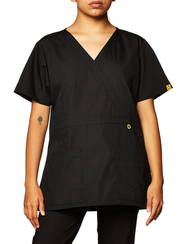 WonderWink 6056ABLKSM Origins Women's Golf Fit Mock Wrap Top, Black, Standard - Small
