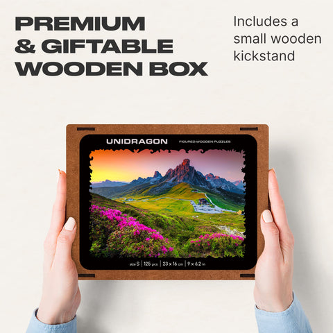 UNIDRAGON - Wooden Jigsaw Puzzles - Small - 9" x 6.2" - 23 x 16 cm - 125 pcs - in a Beautiful Gift Package - Unique Shape Jigsaw Pieces - Best Gift for Adults and Kids - Nature Mountain