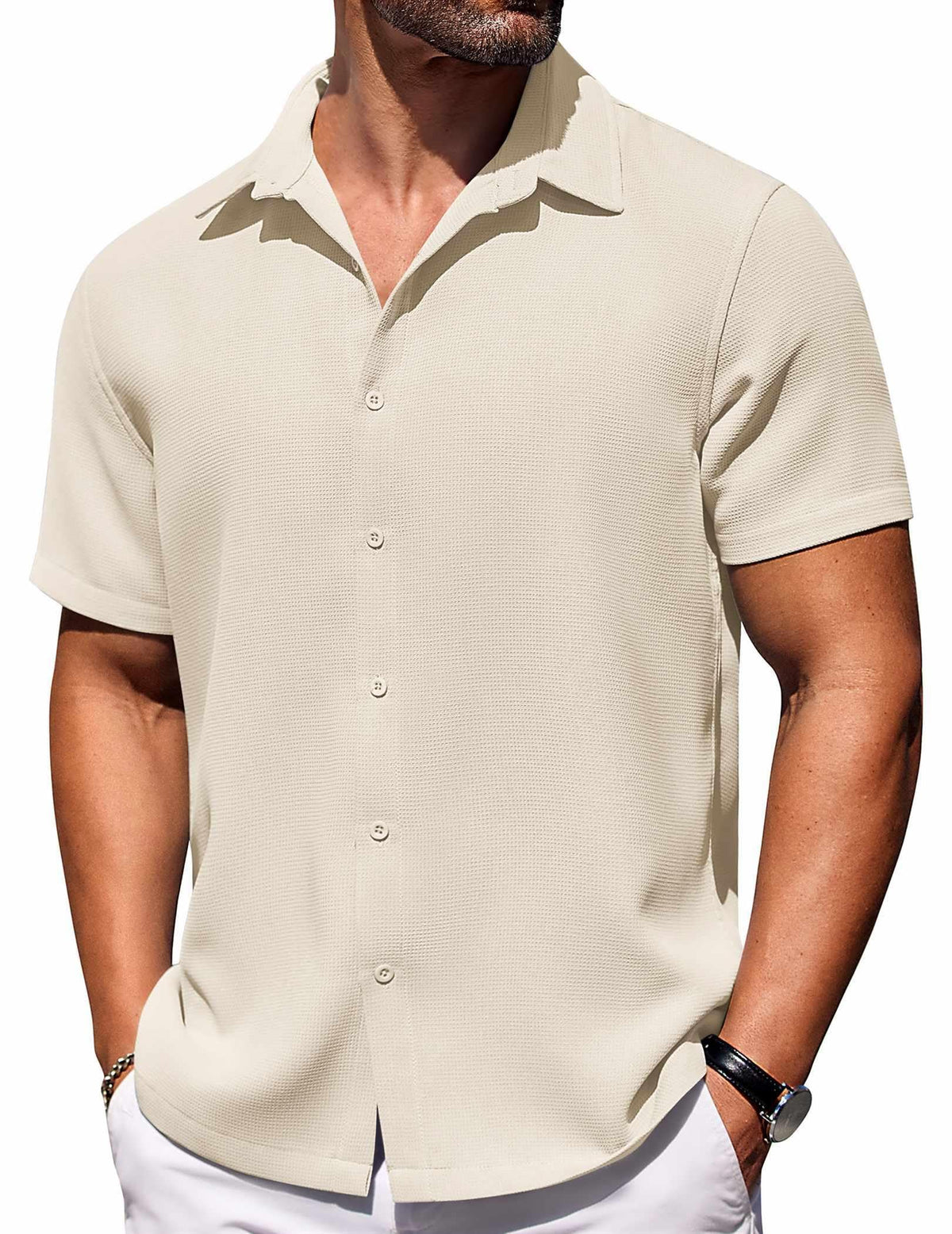 COOFANDY Men's Summer Beach Shirts Short Sleeve Button Up Shirt Casual Linen Shirt Waffle Button Down Shirt Beige