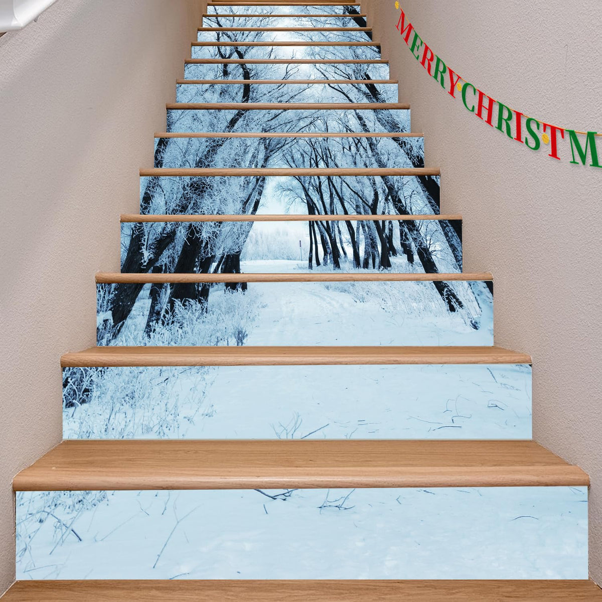 HPNIUB 3D Christmas Stair Riser Decals,Winter Stair Stickers Self-Adhesive,Snow Woodland Christmas Staircase Stickers,Christmas Tree Decal 13 PCS 100X18CM