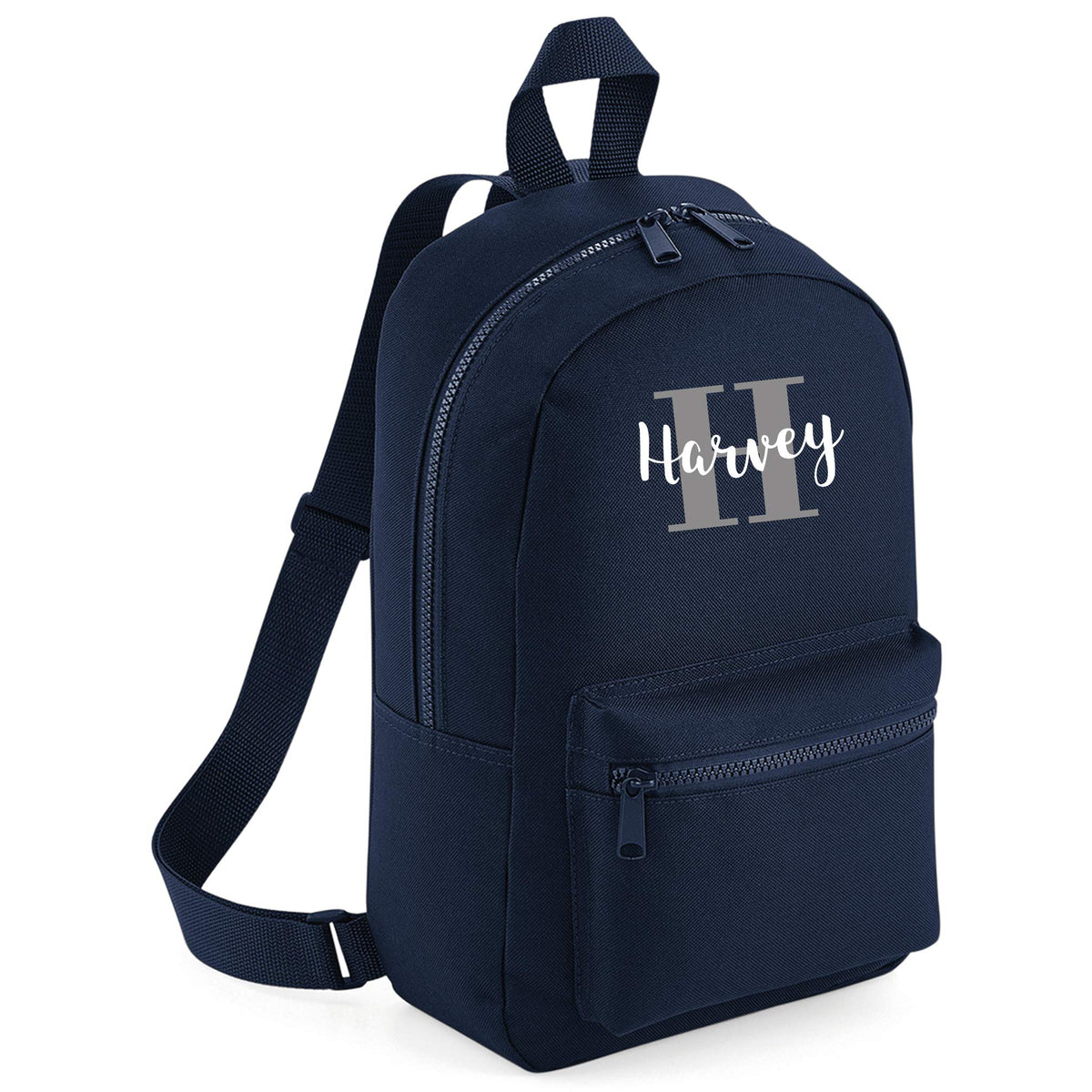 Purple Print House Boys Custom Grey Initial & Name Mini Backpack - Personalised Back to School Bags For School Boy - Name Grey Custom 115, French Navy