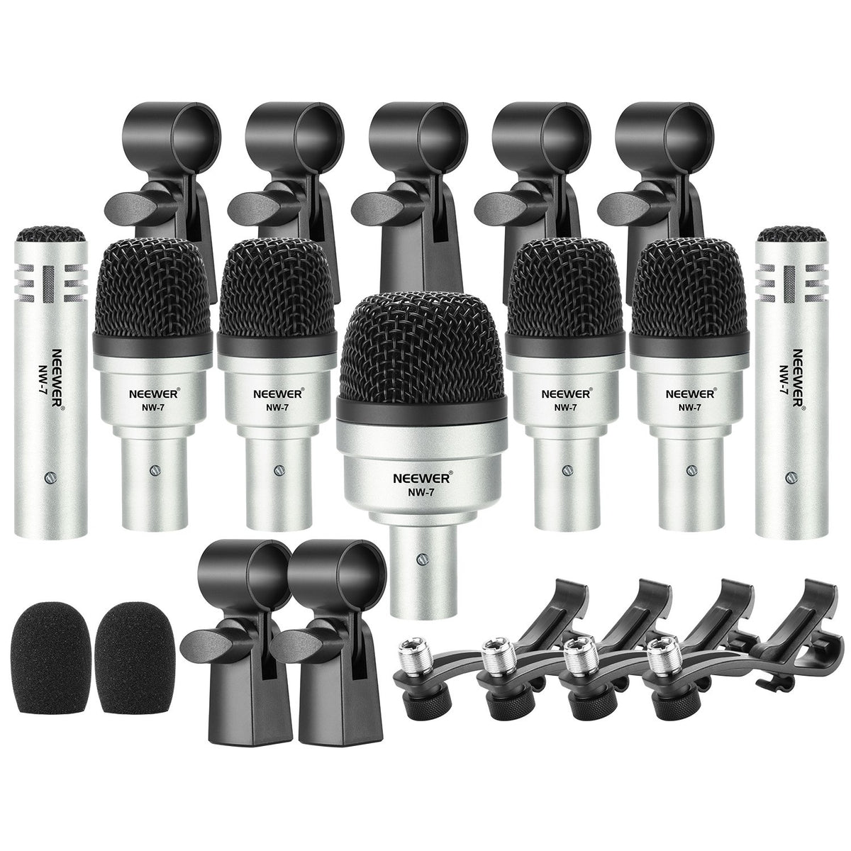 Neewer 7 Pieces Wired Drum Instrument Microphone Kit - Bass Drum/Tabour/Condenser Mic Set for Drums, Jazzy Drums, Vocal and Other Instrument with Thread Clip, Foam Windscreen and Aluminum Case (NW-7)