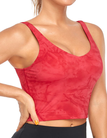 Oalka Sports Bra Womens Longline Padded Crop Tank Yoga Bras Workout Fitness Top Heart Tie Dye Red M