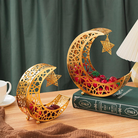 LOYIM 2 Pcs Gold Ramadan Moon Star Dinner Plate Eid Mubarak Muslim Star and Moon Serving Tray Islamic Dessert Trays Dessert Food Storage Container for Party Home Decoration, 2 Sizes