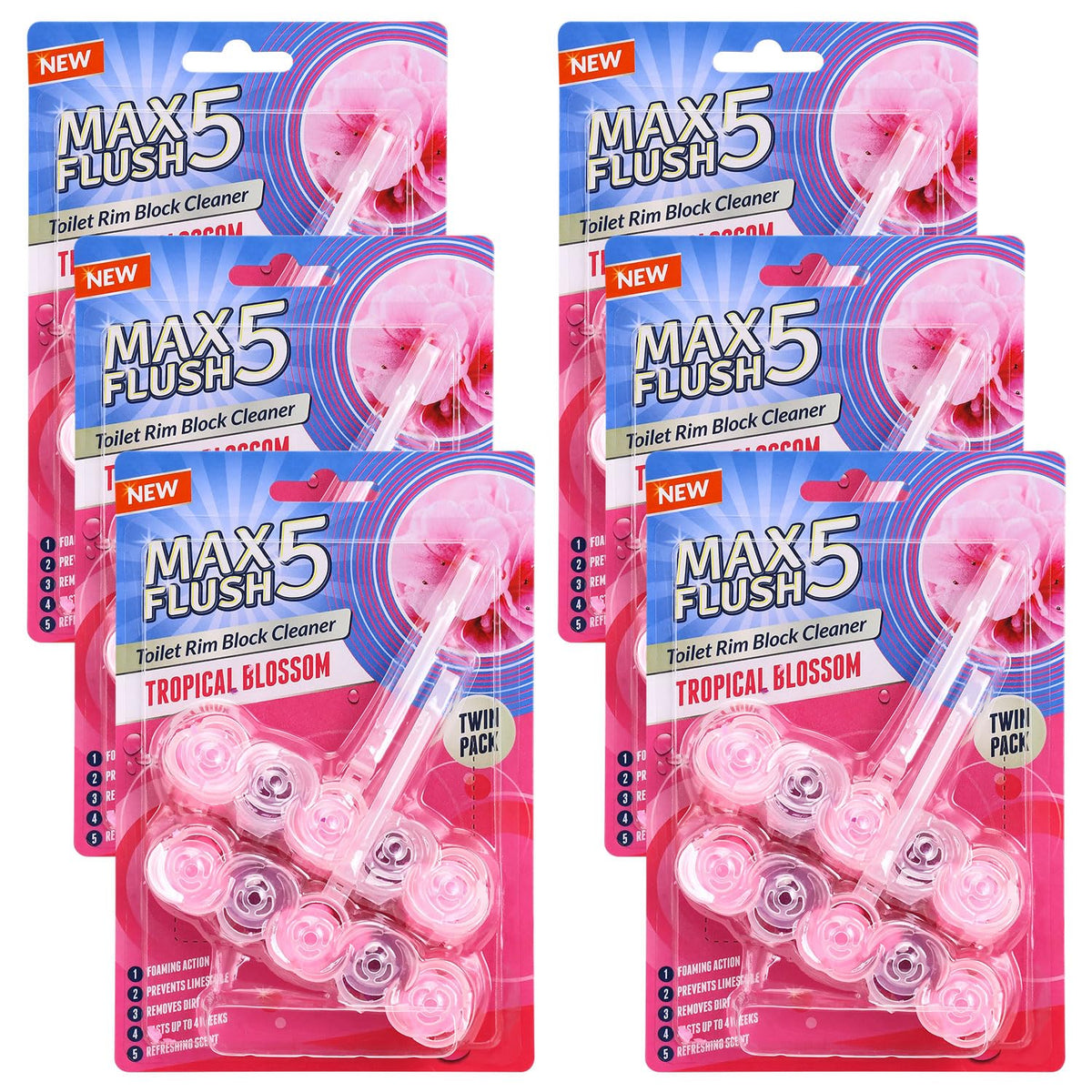 6 Pack Max Flush 5 Tropical Blossom Toilet Rim Block Cleaner (Twin Pack), Clear Water Toilet Rim Block with Anti-Limescale, Cleaning Foam, Dirt Protection and Extra Freshness