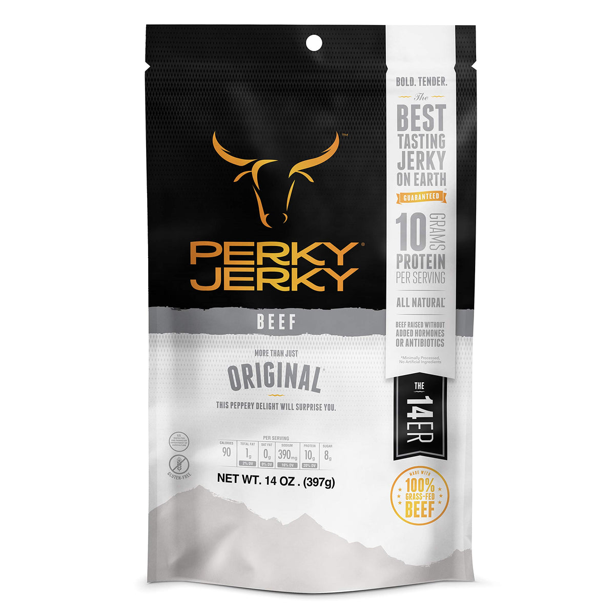 Perky Jerky Original 100% Grass Fed Beef Jerky, 14oz - Antibiotic Free - 10g Protein Per Serving - Low Fat - Handcrafted, Tender Texture and Bold Flavor